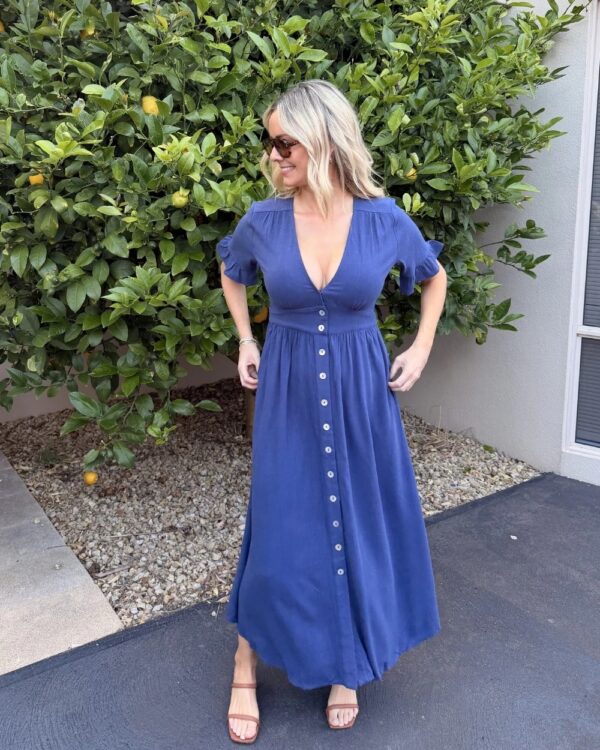 Women's Elegant V-Neck Button Front Maxi Dress – Navy Blue