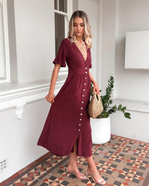 Women's Elegant V-Neck Button Front Midi Dress – Bordeaux Red