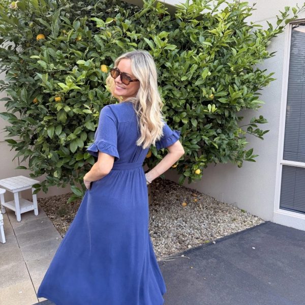 Women's Elegant V-Neck Button Front Maxi Dress – Navy Blue (1)
