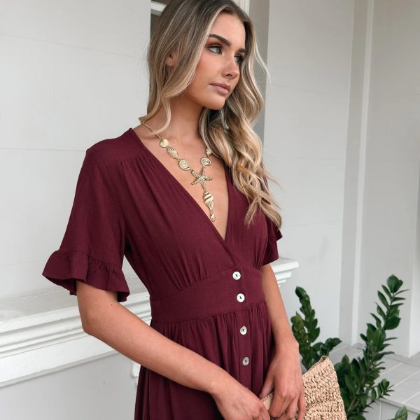 Women's Elegant V-Neck Button Front Midi Dress – Bordeaux Red (2)