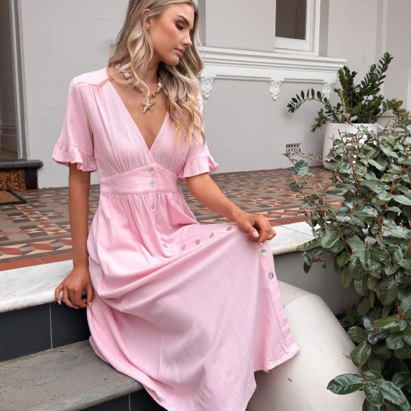 Women's Elegant V-Neck Button Front Midi Dress – Powder Pink (1)